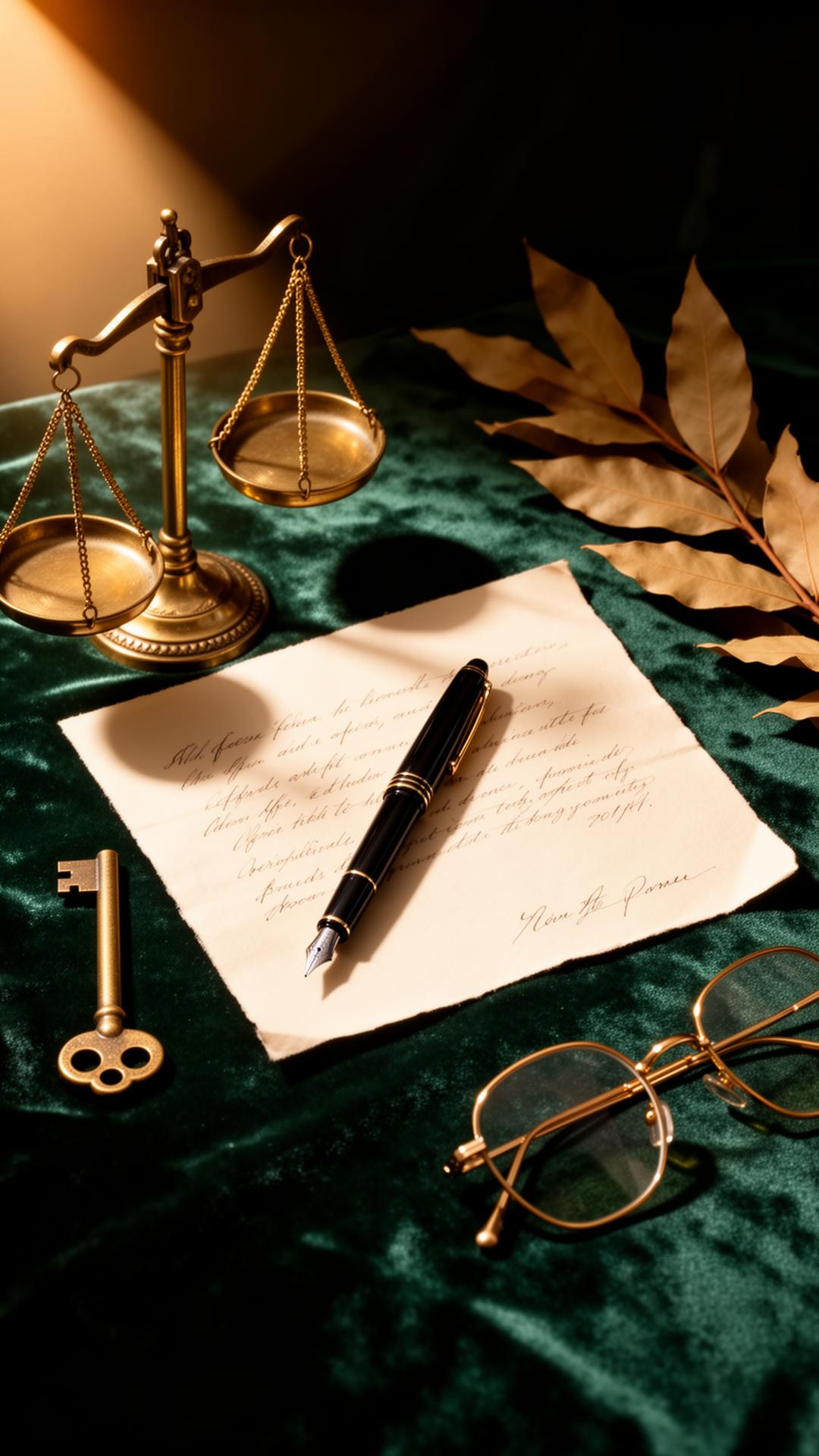 A still life — scales, fountain pen, parchment, brass key